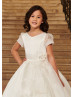 Short Sleeves Ivory Lace Organza Long Flower Girl Dress